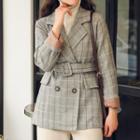 Double-breasted Buckled Plaid Blazer