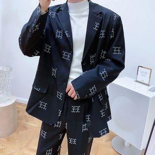 Set: Patterned Blazer + Straight Leg Dress Pants