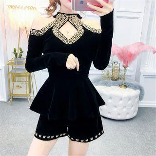 Set: Long-sleeve Halter-neck Rivet Velvet Top + Shorts