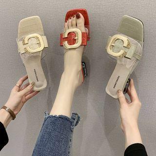 Square-toe Lettering Chunky Heel Slide Sandals