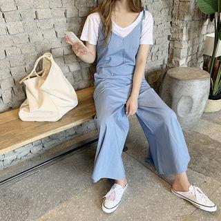 Spaghetti-strap Flared Jumpsuit Light Blue - One Size