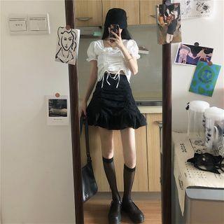 Puff-sleeve Square-neck Drawcord Crop Top / A-line Mini Skirt