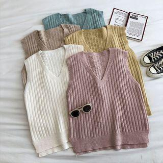 Plain V-neck Rib-knit Vest