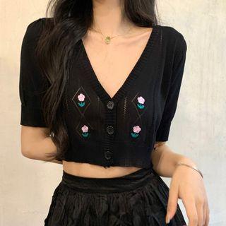 Embroidered V-neck Cropped Cardigan