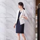 Elbow-sleeve Blazer / Sleeveless Shirred A-line Dress