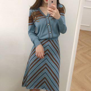 Set: Beaded Cardigan + Printed Skirt