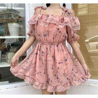 Floral Off Shoulder Elbow-sleeve Playsuit
