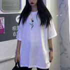 Rose Printing Round Neck Short-sleeve T-shirt