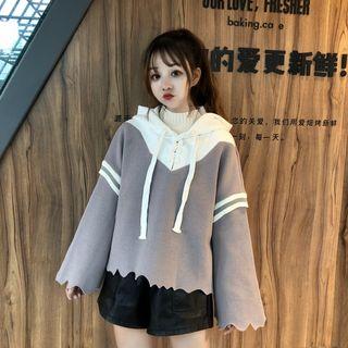 Color Block Striped Trim Lace-up Hoodie