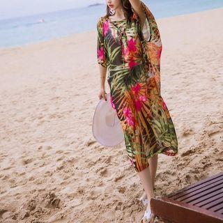 Elbow-sleeve Floral Chiffon Midi Dress