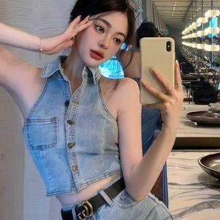 Button-up Collar Denim Cropped Halter Top