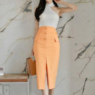 Set: Halter Knitted Tank Top + High Waist Midi Pencil Skirt
