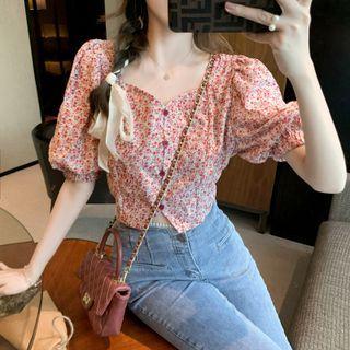 Puff-sleeve Floral Print Button-up Chiffon Top