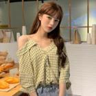 Cold-shoulder Gingham Blouse / Wide Leg Shorts