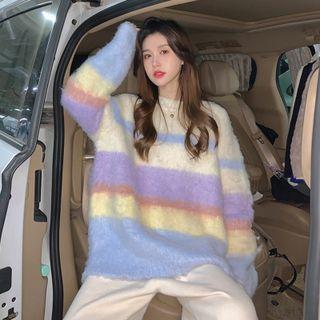 Striped Sweater Cream - Stripe - Yellow & Purple & Blue - One Size