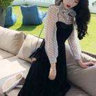 Dotted Sheer Long-sleeve Blouse/ Plain Strappy Midi A-line Dress