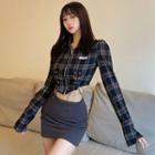 Long-sleeve Collared Plaid Zip-up Crop Top