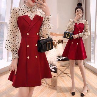 Puff-sleeve Dotted Mesh Panel Double Breasted Mini Dress