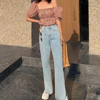 Puff-sleeve Gingham Crop Top