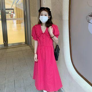 Short-sleeve Wide Collar Gingham Check A-line Dress (various Designs)