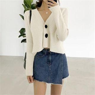 Contrast-button Rib-knit Cardigan