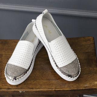 Rhinestone Toe-cap Genuine-leather Loafers
