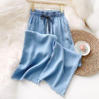 Denim High-waist Fray Hem Wide-leg Pants