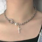 Cross Faux Pearl Pendant Alloy Necklace White Faux Pearl - Silver - One Size