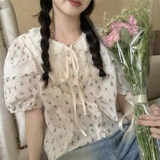 Puff-sleeve Collar Floral Blouse Pink & Green & White - One Size