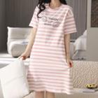 Striped Print Elbow-sleeve Sleep Dress
