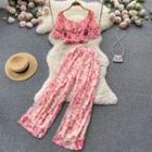 Set Of 2 : Puff-sleeve Square-neck Floral Chiffon Cropped Top + High-waist Wide-leg Pants