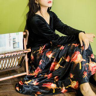 Printed Velvet Long-sleeve A-line Midi Dress