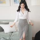 Buttoned Gingham Pencil Skirt