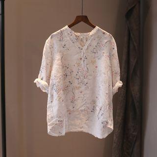 Elbow-sleeve Floral Blouse Light Gray - One Size