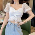 Lace Panel Puff-sleeve Drawstring Cropped Blouse White - One Size