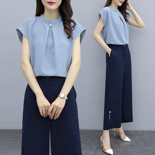Set: Cap-sleeve Chiffon Blouse + Slit Wide-leg Pants