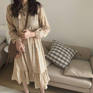Ruffle Hem Plaid Long-sleeve Midi Dress