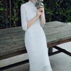 3/4-sleeve Traditional Chinese Midi Lace Dress