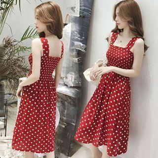 Spaghetti Strap Dotted Shirred Chiffon A-line Midi Dress