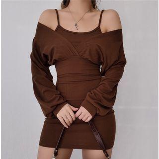 Set: Long-sleeve Off-shoulder Plain Cropped Top + Sleeveless Dress