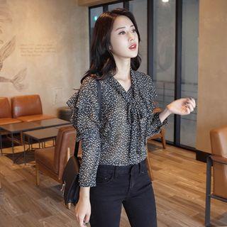 Long-sleeve Tie-front Ruffled Pattern Blouse