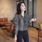 Long-sleeve Tie-front Ruffled Pattern Blouse