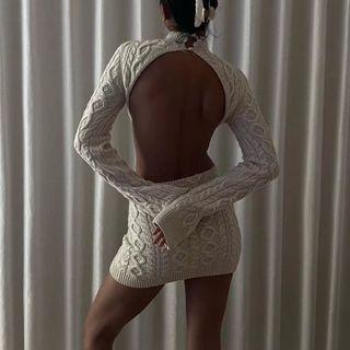 Open Back Cable-knit Mini Sweater Dress