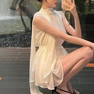 Sleeveless Tie Neck Mini Dress White - One Size