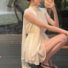 Sleeveless Tie Neck Mini Dress White - One Size