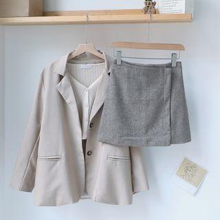 Single-breasted Blazer / Ribbed Cardigan / A-line Skirt
