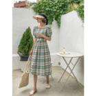 Square-neck Plaid Midi Flare Dress Green - One Size