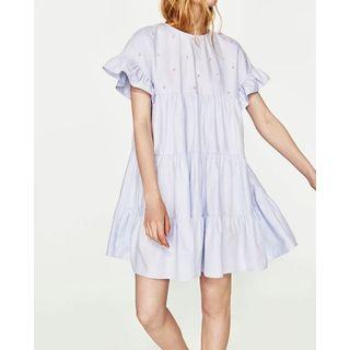 Faux Pearl Frill Trim Short Sleeve Tiered Dress