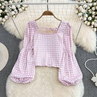 Puff Sleeve Houndstooth Crop Blouse