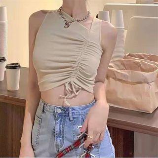 Sleeveless Skew-neckline Drawstring Top